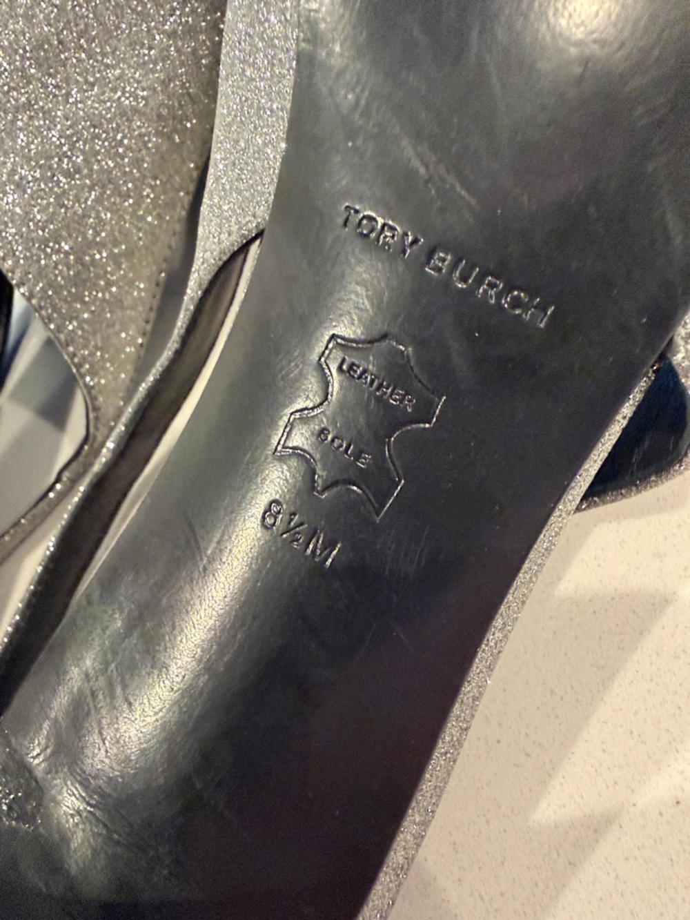 Gently used Tory Burch Silver Glitter Pointed Slingback Heels with Logo 8.5 - Picture 7 of 7
